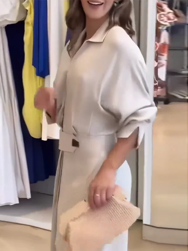 Long Sleeves Loose Split-Joint Split-Side V-Neck Maxi Dresses Shirt Dress - Image 7
