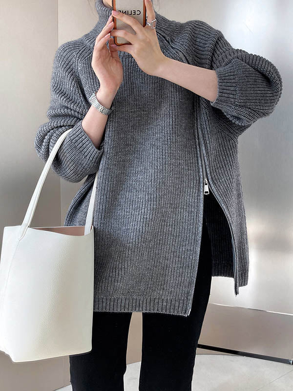 Long Sleeves Loose Split-Joint Split-Side Zipper High Neck Sweater Tops - Image 10
