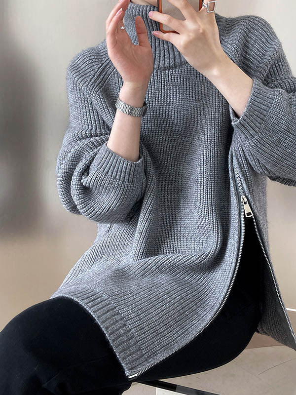 Long Sleeves Loose Split-Joint Split-Side Zipper High Neck Sweater Tops - Image 11
