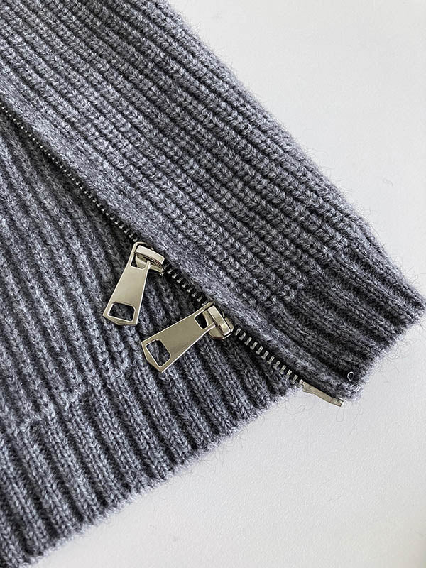 Long Sleeves Loose Split-Joint Split-Side Zipper High Neck Sweater Tops - Image 15