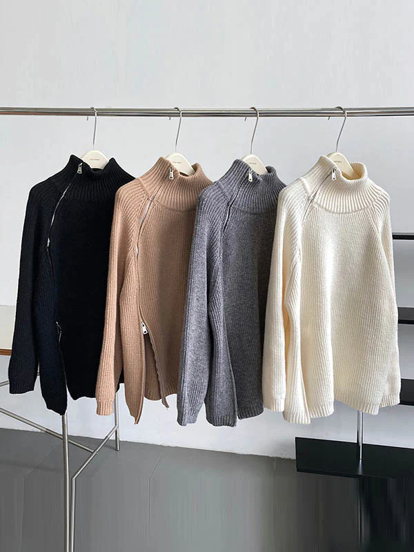 Long Sleeves Loose Split-Joint Split-Side Zipper High Neck Sweater Tops - Image 17