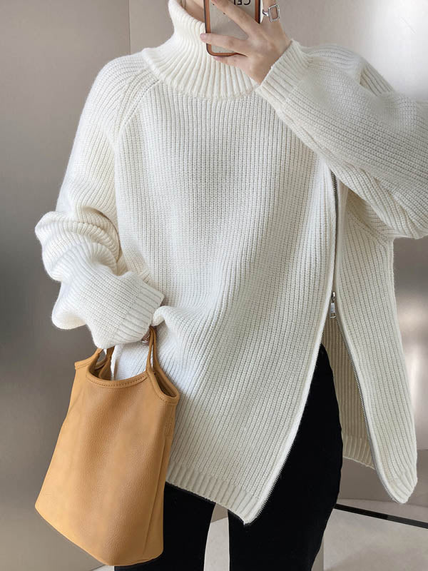 Long Sleeves Loose Split-Joint Split-Side Zipper High Neck Sweater Tops - Image 2