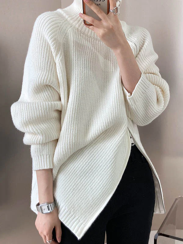 Long Sleeves Loose Split-Joint Split-Side Zipper High Neck Sweater Tops - Image 3