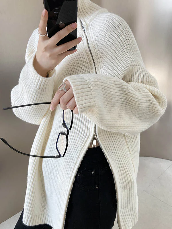 Long Sleeves Loose Split-Joint Split-Side Zipper High Neck Sweater Tops - Image 4