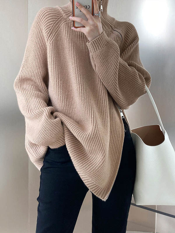 Long Sleeves Loose Split-Joint Split-Side Zipper High Neck Sweater Tops - Image 5