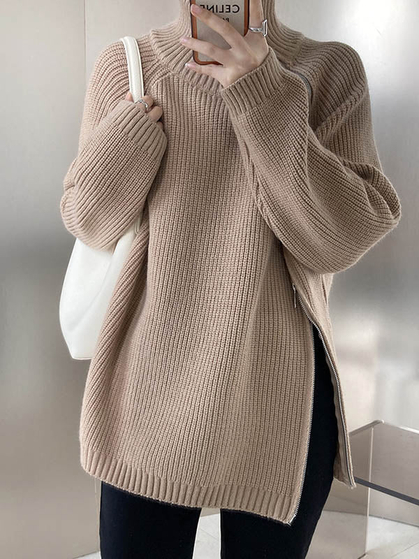 Long Sleeves Loose Split-Joint Split-Side Zipper High Neck Sweater Tops - Image 6