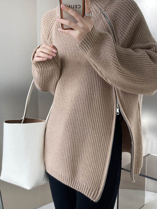 Long Sleeves Loose Split-Joint Split-Side Zipper High Neck Sweater Tops - Image 7
