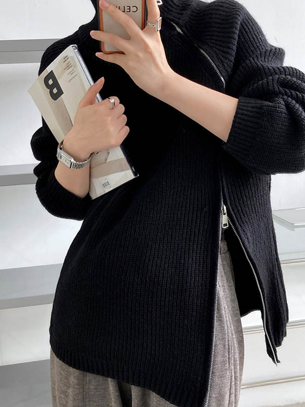 Long Sleeves Loose Split-Joint Split-Side Zipper High Neck Sweater Tops - Image 8