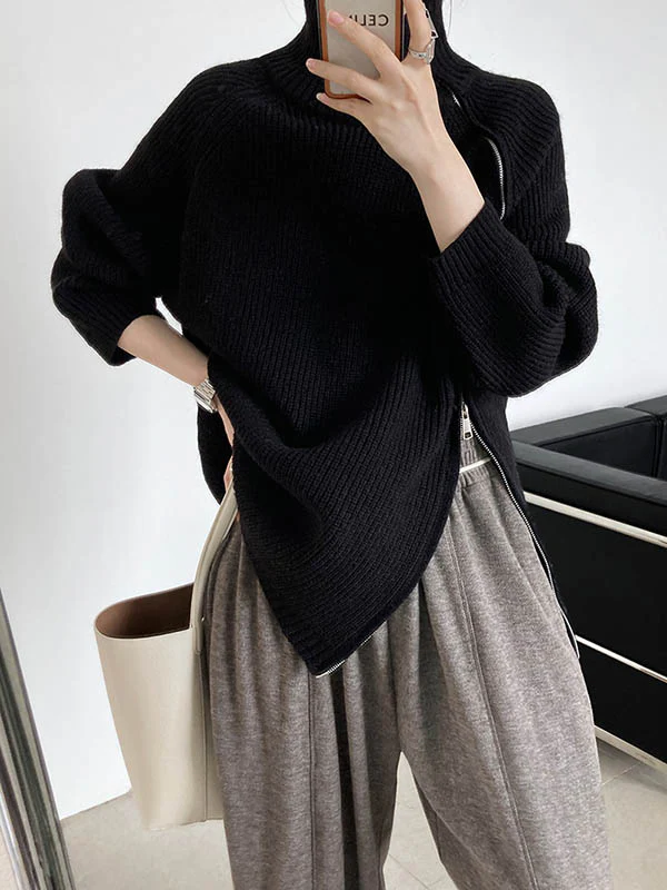 Long Sleeves Loose Split-Joint Split-Side Zipper High Neck Sweater Tops - Image 9