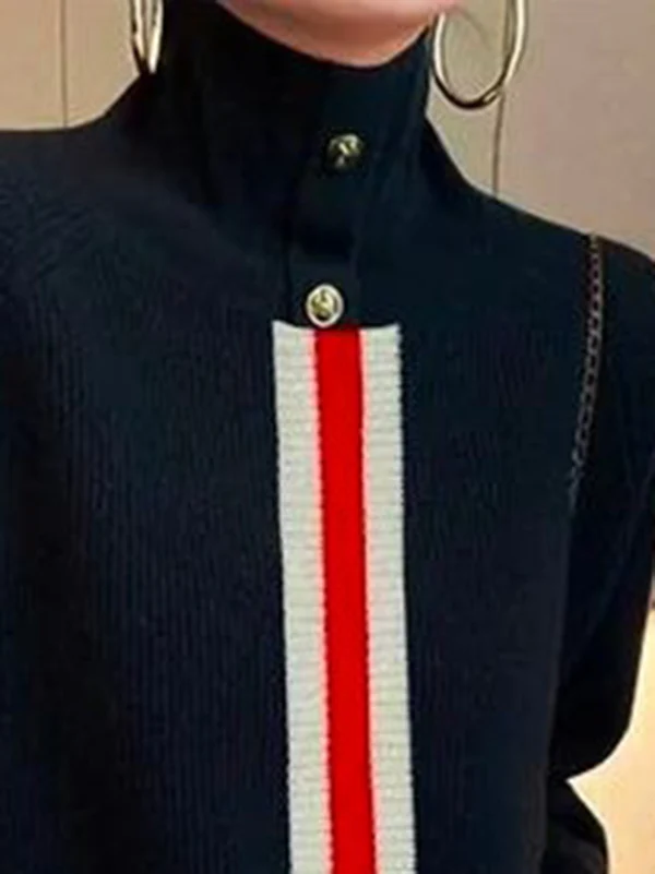 Long Sleeves Loose Split-Joint Striped High Neck Sweater Tops - Image 2