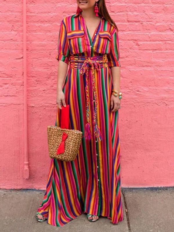 Long Sleeves Loose Split-Joint Striped Lapel Maxi Dresses Shirt Dress - Image 10