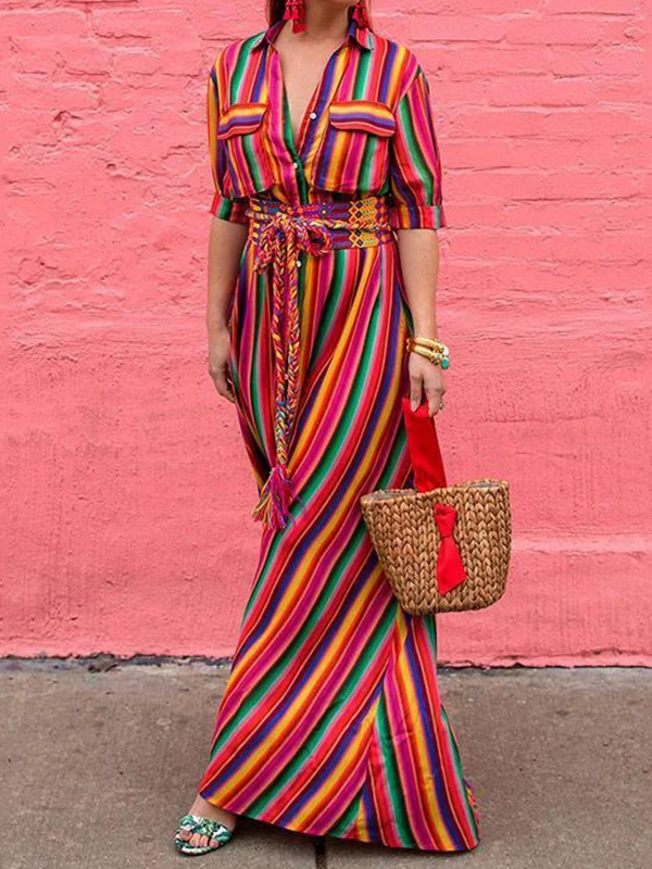Long Sleeves Loose Split-Joint Striped Lapel Maxi Dresses Shirt Dress - Image 11