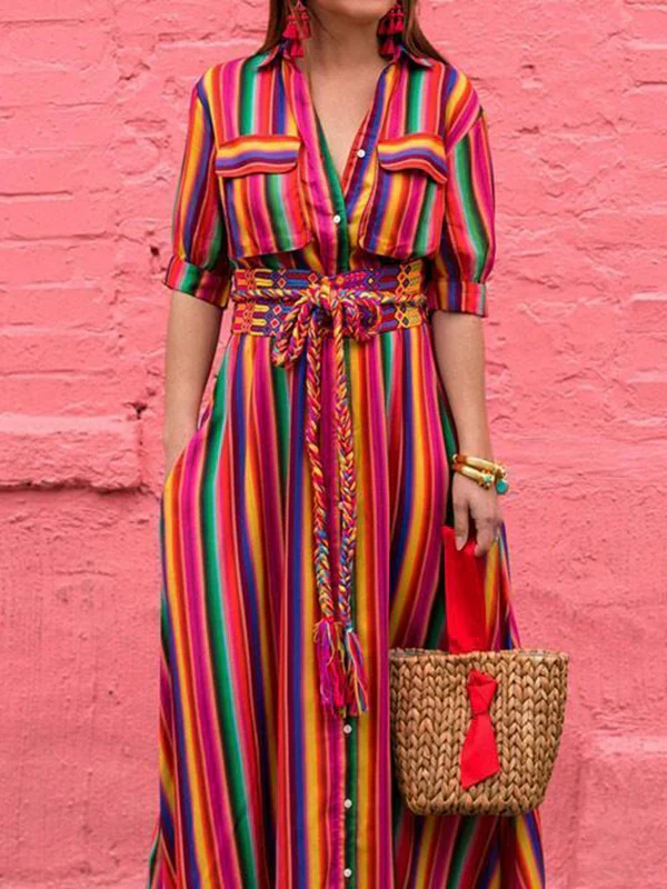Long Sleeves Loose Split-Joint Striped Lapel Maxi Dresses Shirt Dress - Image 12
