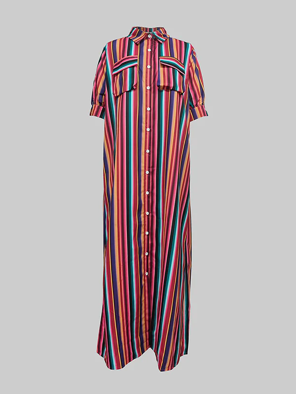 Long Sleeves Loose Split-Joint Striped Lapel Maxi Dresses Shirt Dress - Image 13