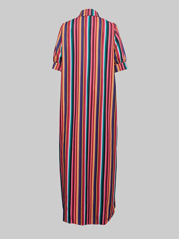Long Sleeves Loose Split-Joint Striped Lapel Maxi Dresses Shirt Dress - Image 14