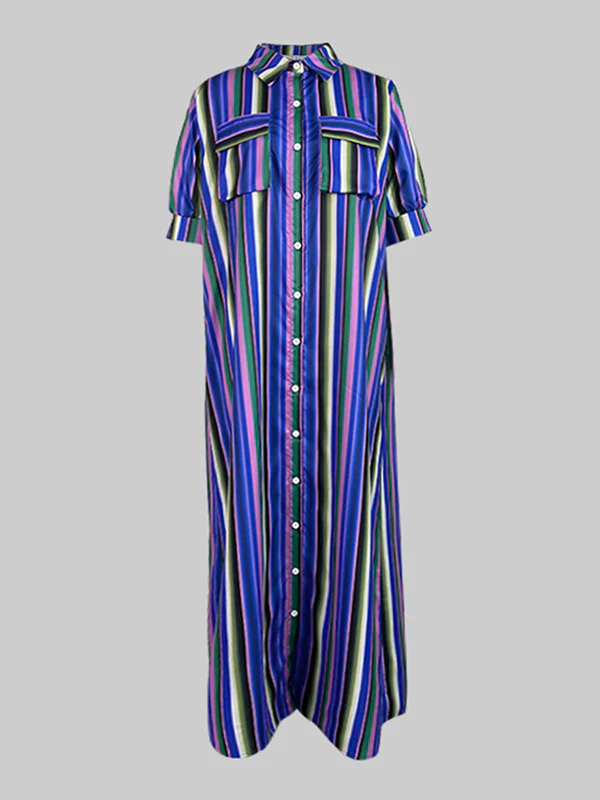 Long Sleeves Loose Split-Joint Striped Lapel Maxi Dresses Shirt Dress - Image 19