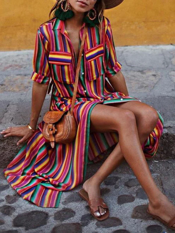 Long Sleeves Loose Split-Joint Striped Lapel Maxi Dresses Shirt Dress - Image 2