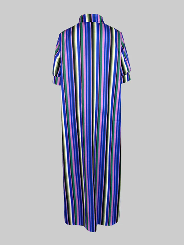 Long Sleeves Loose Split-Joint Striped Lapel Maxi Dresses Shirt Dress - Image 20