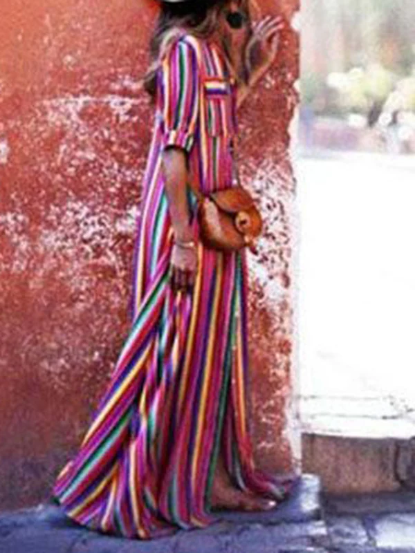Long Sleeves Loose Split-Joint Striped Lapel Maxi Dresses Shirt Dress - Image 3
