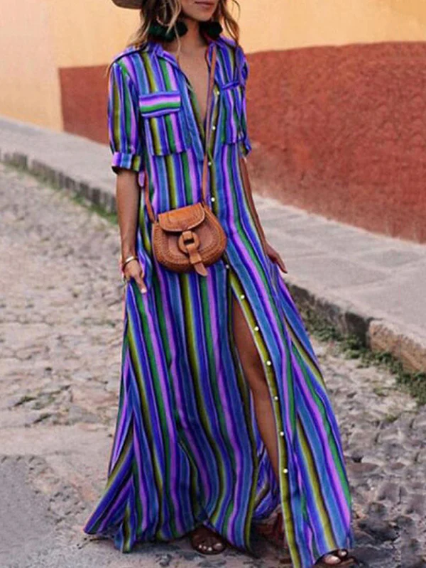 Long Sleeves Loose Split-Joint Striped Lapel Maxi Dresses Shirt Dress - Image 5