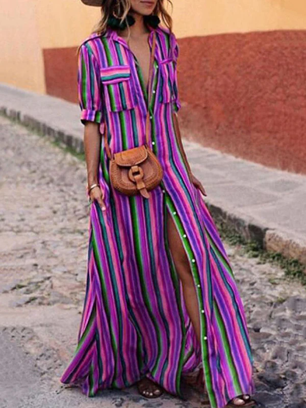 Long Sleeves Loose Split-Joint Striped Lapel Maxi Dresses Shirt Dress - Image 6