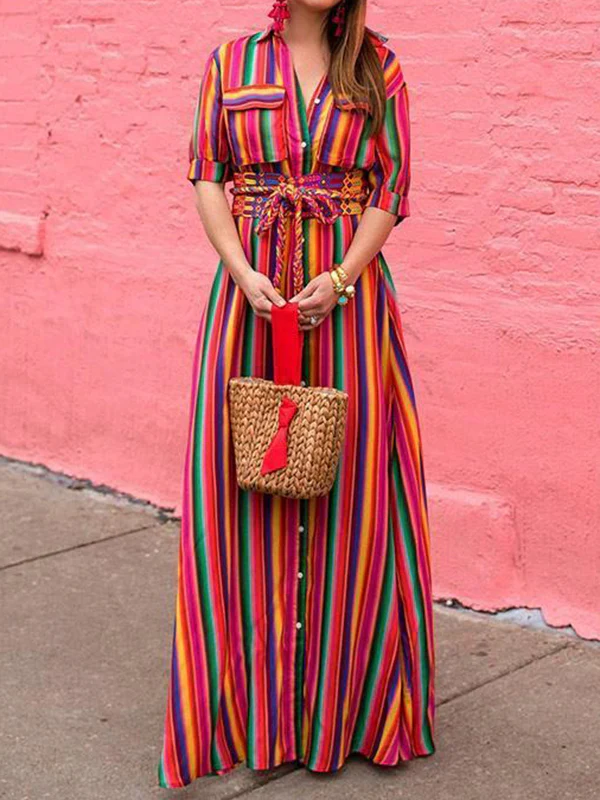 Long Sleeves Loose Split-Joint Striped Lapel Maxi Dresses Shirt Dress - Image 7