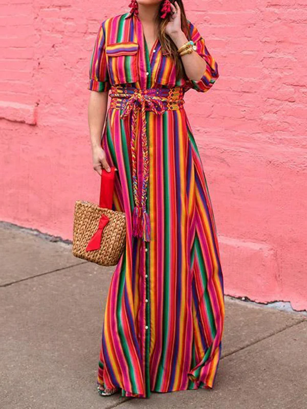 Long Sleeves Loose Split-Joint Striped Lapel Maxi Dresses Shirt Dress - Image 8