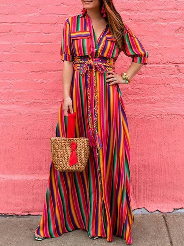 Long Sleeves Loose Split-Joint Striped Lapel Maxi Dresses Shirt Dress - Image 9