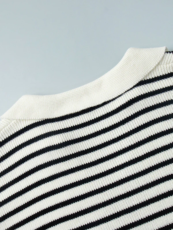 Long Sleeves Loose Split-Joint Striped Lapel Sweater Tops - Image 10