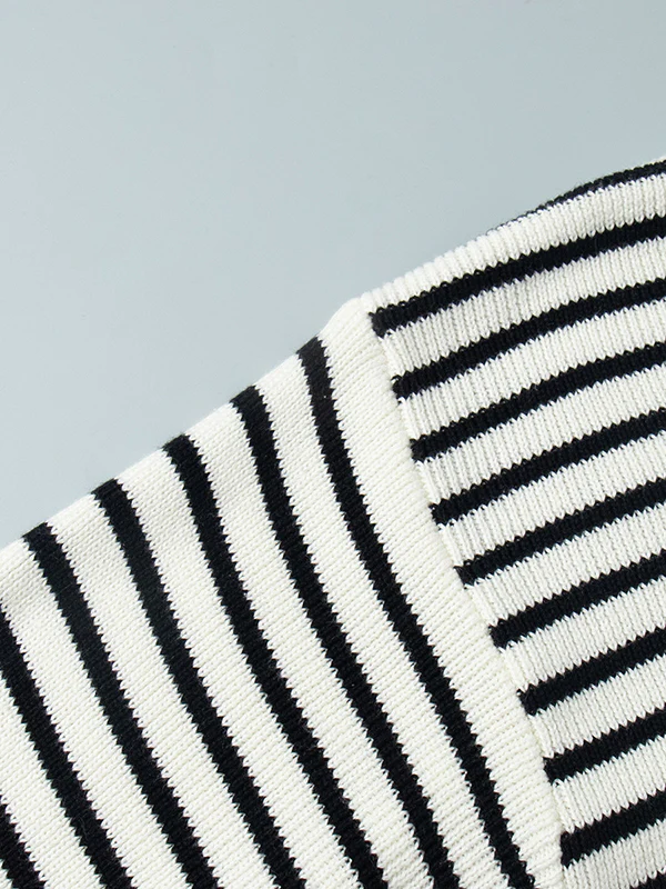 Long Sleeves Loose Split-Joint Striped Lapel Sweater Tops - Image 11