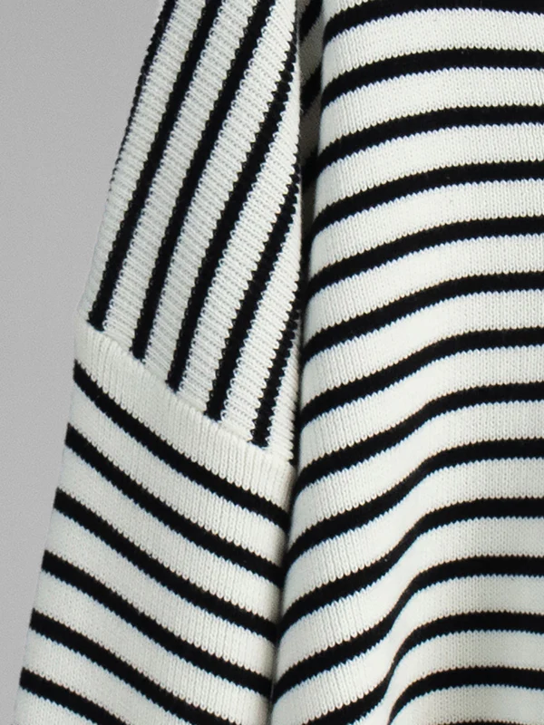 Long Sleeves Loose Split-Joint Striped Lapel Sweater Tops - Image 12
