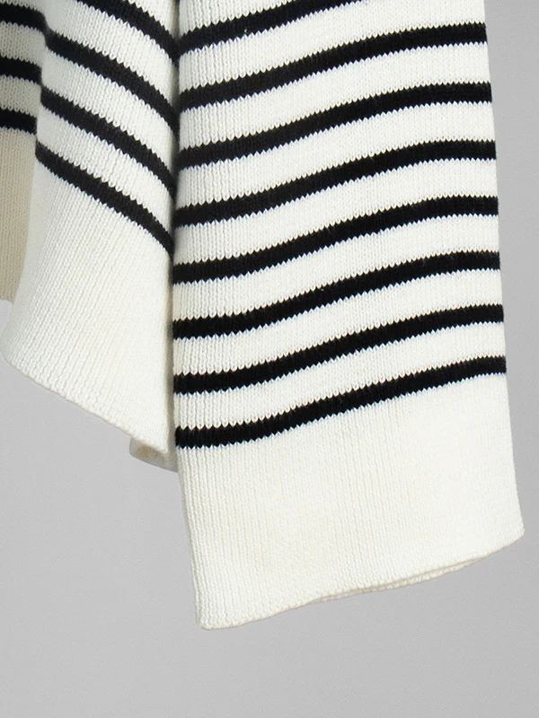 Long Sleeves Loose Split-Joint Striped Lapel Sweater Tops - Image 13