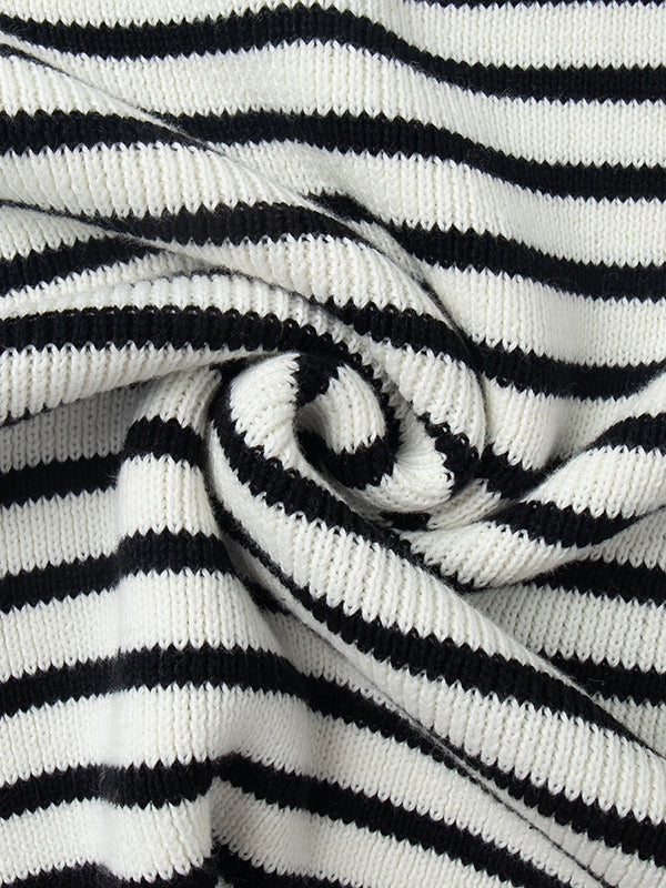 Long Sleeves Loose Split-Joint Striped Lapel Sweater Tops - Image 17