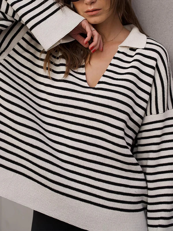 Long Sleeves Loose Split-Joint Striped Lapel Sweater Tops - Image 2