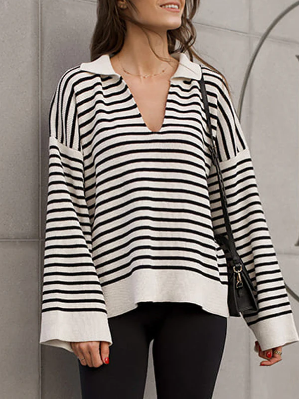 Long Sleeves Loose Split-Joint Striped Lapel Sweater Tops - Image 3