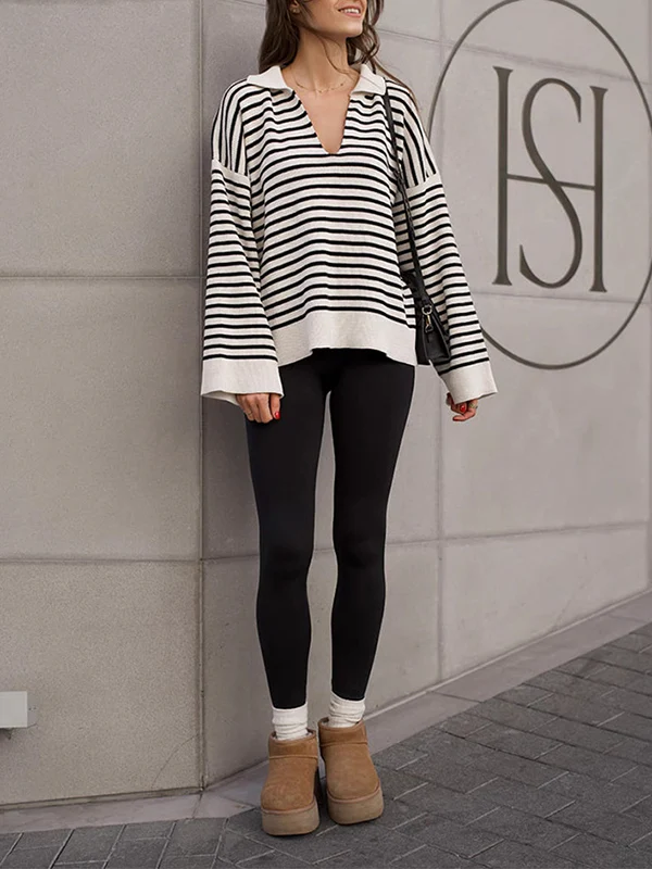Long Sleeves Loose Split-Joint Striped Lapel Sweater Tops - Image 4