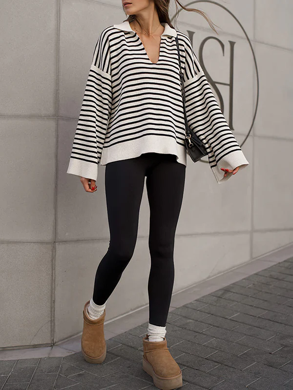 Long Sleeves Loose Split-Joint Striped Lapel Sweater Tops - Image 5