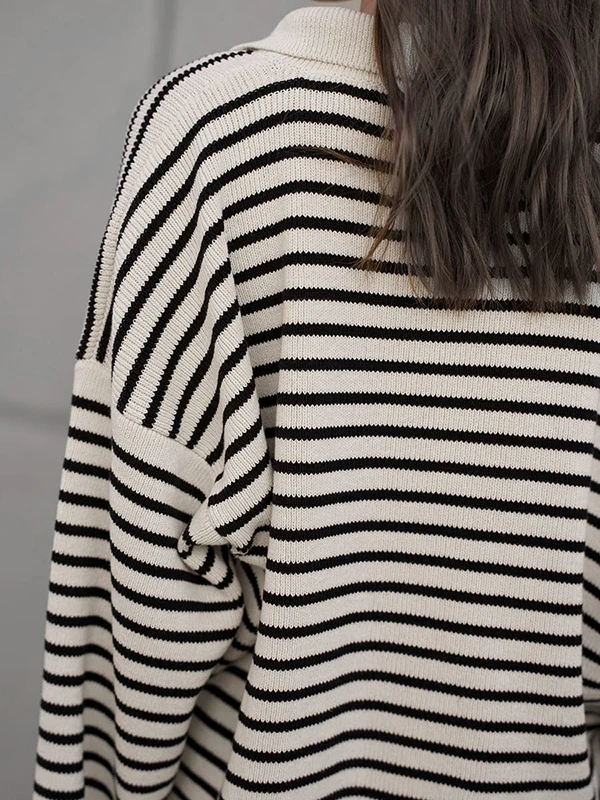 Long Sleeves Loose Split-Joint Striped Lapel Sweater Tops - Image 6