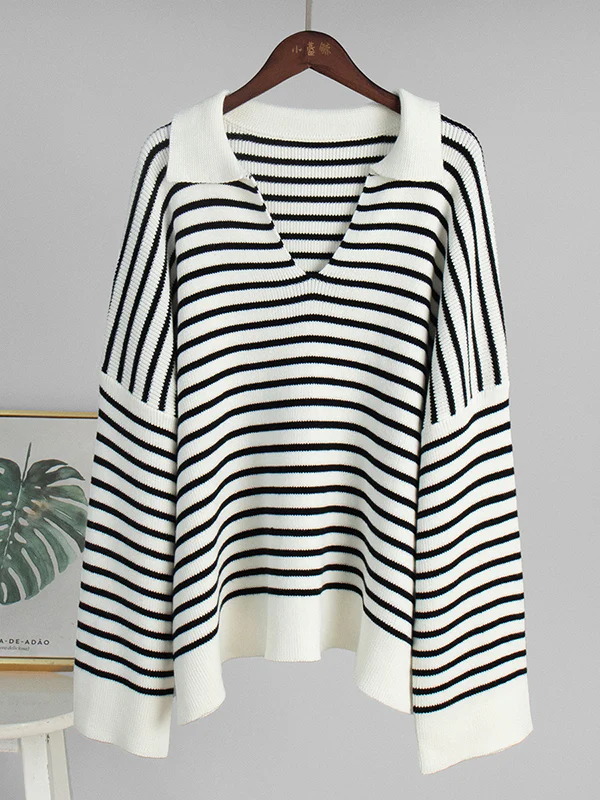 Long Sleeves Loose Split-Joint Striped Lapel Sweater Tops - Image 7