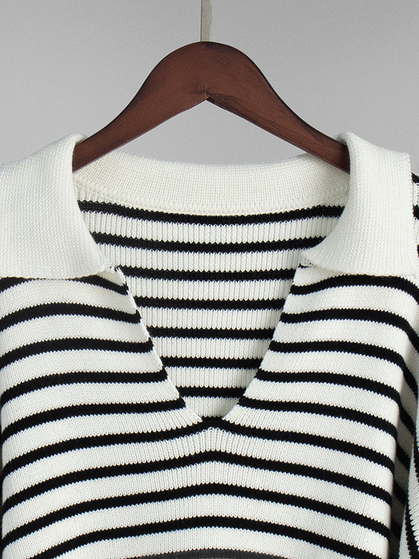 Long Sleeves Loose Split-Joint Striped Lapel Sweater Tops - Image 8