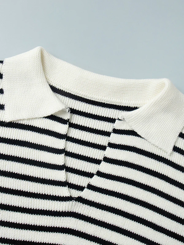 Long Sleeves Loose Split-Joint Striped Lapel Sweater Tops - Image 9