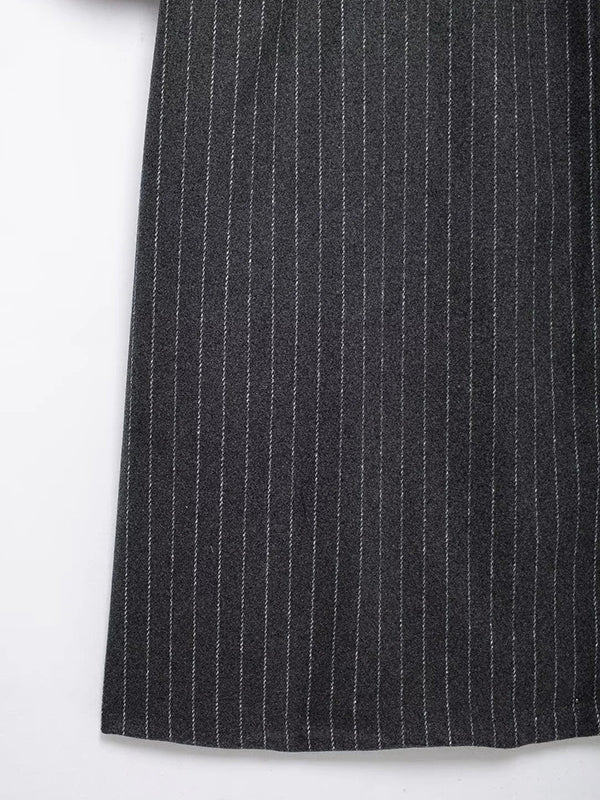 Long Sleeves Loose Split-Joint Striped Lapel Trench Coats Woolen Coat - Image 10