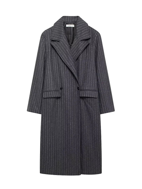 Long Sleeves Loose Split-Joint Striped Lapel Trench Coats Woolen Coat - Image 2