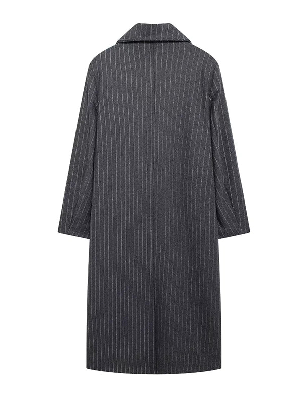 Long Sleeves Loose Split-Joint Striped Lapel Trench Coats Woolen Coat - Image 3