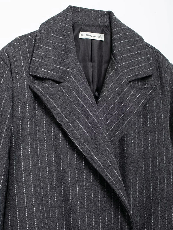 Long Sleeves Loose Split-Joint Striped Lapel Trench Coats Woolen Coat - Image 4
