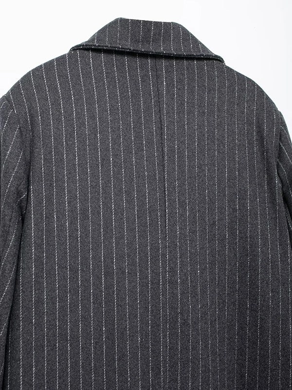 Long Sleeves Loose Split-Joint Striped Lapel Trench Coats Woolen Coat - Image 6