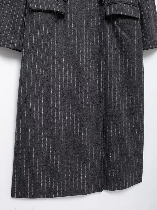 Long Sleeves Loose Split-Joint Striped Lapel Trench Coats Woolen Coat - Image 7