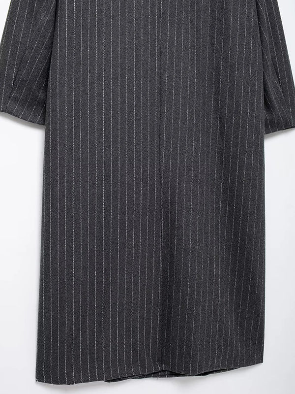 Long Sleeves Loose Split-Joint Striped Lapel Trench Coats Woolen Coat - Image 8