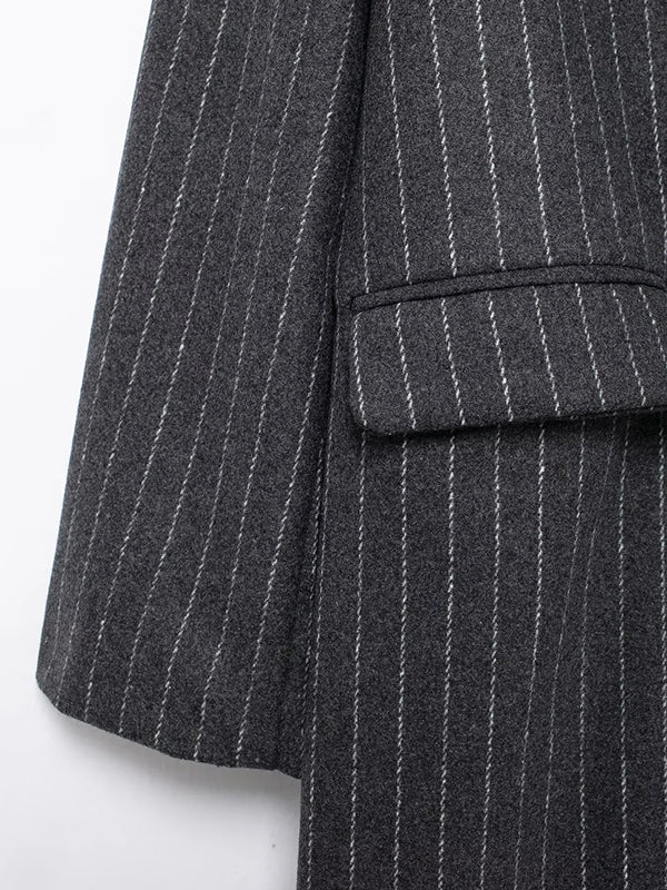 Long Sleeves Loose Split-Joint Striped Lapel Trench Coats Woolen Coat - Image 9