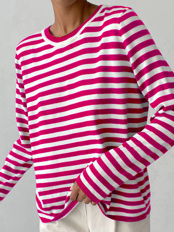 Long Sleeves Loose Split-Joint Striped Round-Neck Sweater Tops - Image 10